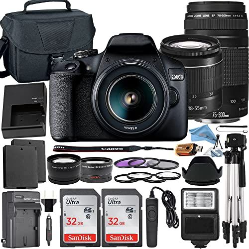 캐논 Canon EOS 2000D / Rebel T7 Digital SLR Camera 24.1MP with 18-55mm + 75-300mm Lens, ZeeTech Accessory Bundle, 2 Pack SanDisk 32GB Memory Card, Telephoto + Wideangle Lenses, Flash, C