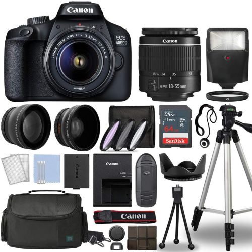 캐논 Canon EOS 4000D / Rebel T100 Digital SLR Camera Body w/Canon EF-S 18-55mm f/3.5-5.6 Lens 3 Lens DSLR Kit Bundled with Complete Accessory Bundle + 64GB + Flash + Case & More - Inter