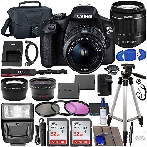 캐논 Canon EOS 2000D (Rebel T7) DSLR Camera with EF-S 18-55mm f/3.5-5.6 DC III Lens & Accessory Bundle ? Includes: 2X 32GB SDHC Memory Card, Extended Life Battery, Case, Filters, Auxili