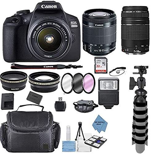 캐논 Canon EOS 2000D Rebel T7 Kit with EF-S 18-55mm f/3.5-5.6 III Lens + Canon 75-300 Lens+ Accessory Bundle +TopKnotch Deals Cloth