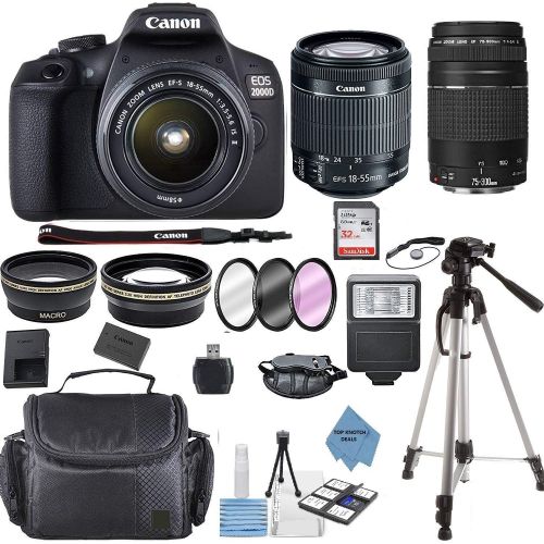 캐논 Canon EOS 2000D Rebel T7 Kit with EF-S 18-55mm f/3.5-5.6 III Lens + Canon 75-300 Lens+ Accessory Bundle +TopKnotch Deals Cloth