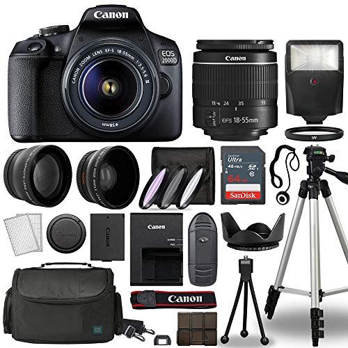 캐논 Canon Cameras EOS 2000D / Rebel T7 Digital SLR Camera Body w/Canon EF-S 18-55mm f/3.5-5.6 Lens 3 Lens DSLR Kit Bundled with Complete Accessory Bundle + 64GB + Flash + Case & More -