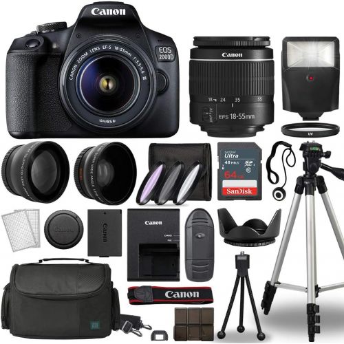 캐논 Canon Cameras EOS 2000D / Rebel T7 Digital SLR Camera Body w/Canon EF-S 18-55mm f/3.5-5.6 Lens 3 Lens DSLR Kit Bundled with Complete Accessory Bundle + 64GB + Flash + Case & More -