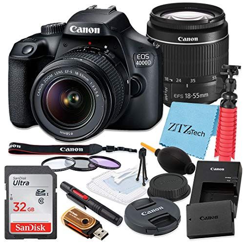 캐논 Canon EOS 4000D / Rebel T100 DSLR Camera 18-55mm f/3.5-5.6 Zoom Lens, SanDisk 32GB Memory Card, Tripod, 3 Pieces Filter (UV, CPL, FLD), ZeeTech Accessory Bundle