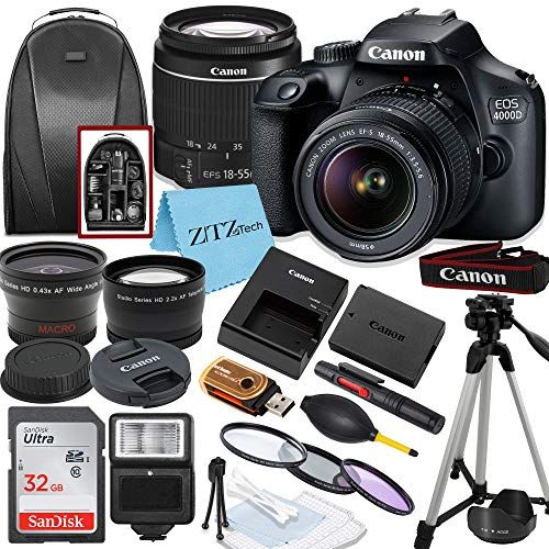 캐논 Canon EOS T100/4000D DSLR Camera with EF-S 18-55mm Lens, SanDisk Memory Card, Tripod, Flash, Backpack + ZeeTech Accessory Bundle (Canon 18-55mm, SanDisk 32GB)