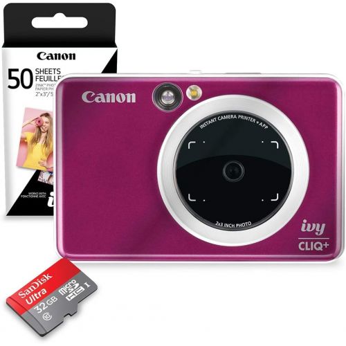 캐논 Canon Ivy CLIQ+ Instant Camera Printer (Ruby Red) + 60 Sheets Photo Paper + 32GB SD Card (USA Warranty)
