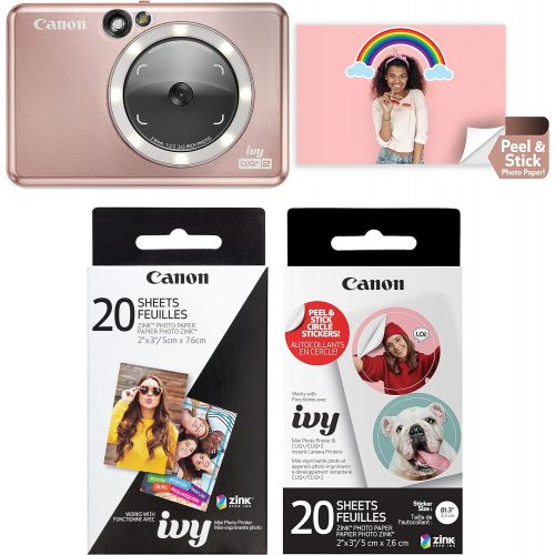 캐논 Canon Ivy CLIQ+2 Instant Camera Printer, Smartphone Printer, Rose Gold (4519C001) with Canon Zink Photo Paper Pack, 20 Sheets, White, 2 X 3 and Pre-Cut Circle Sticker Paper, 20 She