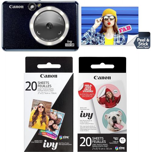 캐논 Canon Ivy CLIQ+2 Instant Camera Printer, Smartphone Printer, Midnight Navy with Canon Zink Photo Paper Pack, 20 Sheets, White, 2 X 3 and Pre-Cut Circle Sticker Paper, 20 Sheets