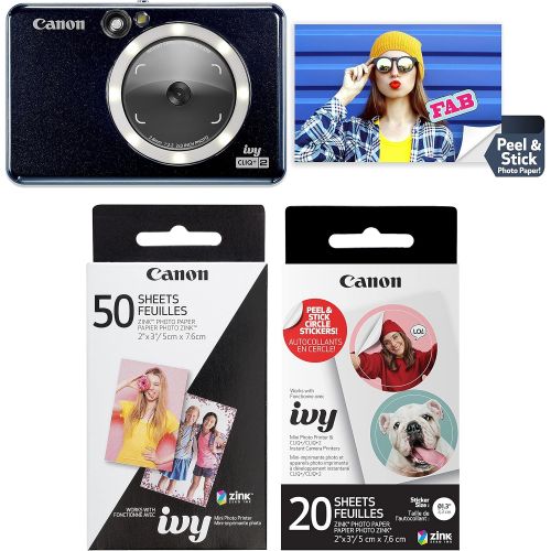 캐논 Canon Ivy CLIQ+2 Instant Camera Printer, Smartphone Printer, Midnight Navy (4519C005) with Canon Zink Photo Paper Pack, 50 SheetsandCanon Zink Pre-Cut Circle Sticker Paper, 20 Shee