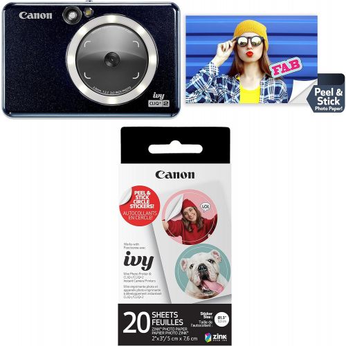 캐논 Canon Ivy CLIQ+ 2 Instant Camera Printer, Smartphone Printer, Midnight Navy with Zink Pre-Cut Circle Sticker Paper, 20 Sheets