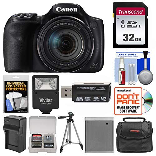 캐논 Panasonic Canon PowerShot SX540 HS Wi-Fi Digital Camera with 32GB Card + Case + Flash + Battery & Charger + Tripod + Kit