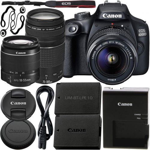 캐논 Canon Intl Canon EOS 4000D DSLR Camera with EF-S 18-55mm III Lens & EF 75-300mm III Lens Basic Bundle - Includes: Free Promotional Extended Life LPE10 Replacement Battery (1600mAh) & 2x Unive