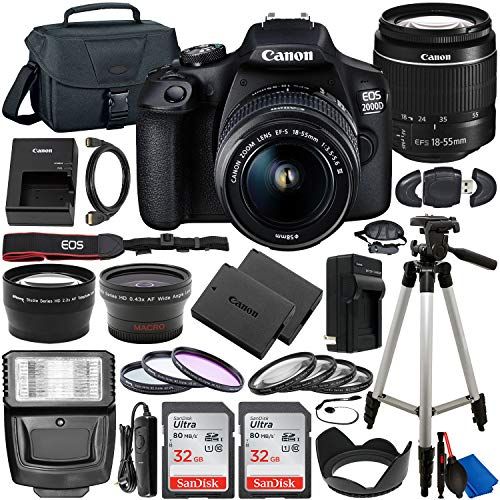 캐논 Canon EOS 2000D (Rebel T7) DSLR Camera with EF-S 18-55mm f/3.5-5.6 DC III Lens & Deluxe Accessory Bundle  Includes: 2x SanDisk Ultra 32GB SDHC Memory Card, Extended Life Battery,