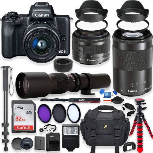 캐논 Canon EOS M50 Mirrorless Digital Camera with 15-45mm Lens Bundle + Canon EF-M 55-200mm f/4.5-6.3 is STM Lens & 500mm Preset Lens + 32GB Memory + Filters + Monopod + Professional Bu