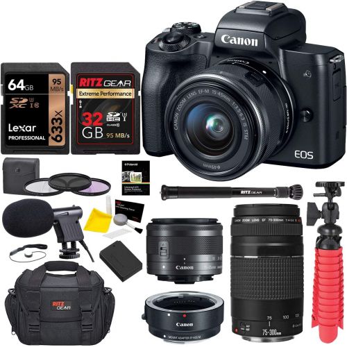 캐논 Canon EOS M50 Mirrorless Digital Camera with EF 75-300mm III, U3 Memory Card and Lens Bundle