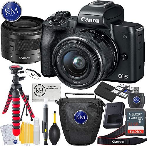 캐논 Canon EOS M50 Mirrorless Camera w/15-45mm (Black) + 32GB + K&M Essential Photo Bundle