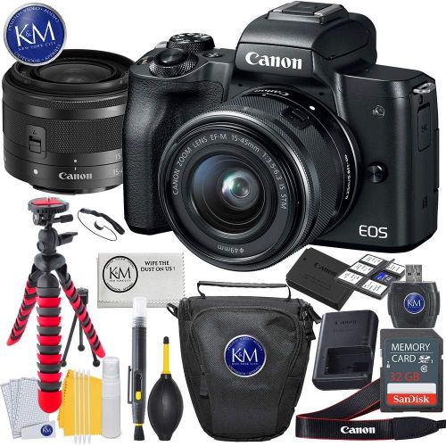 캐논 Canon EOS M50 Mirrorless Camera w/15-45mm (Black) + 32GB + K&M Essential Photo Bundle