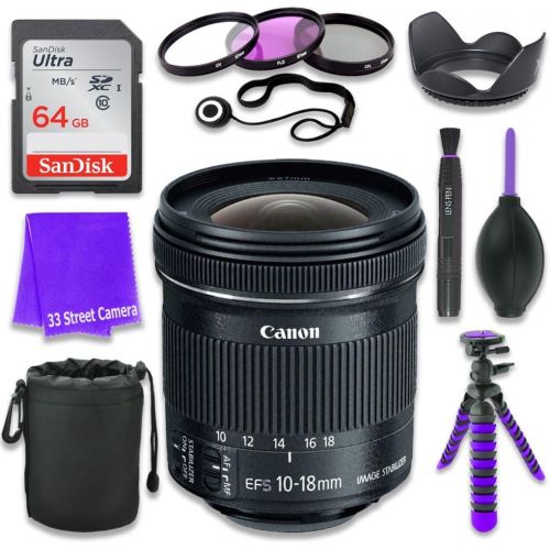 캐논 Canon EF-S 10-18mm f/4.5-5.6 is STM Lens for Canon DSLR Cameras & SanDisk 64GB Class 10 Memory Card + Complete Accessory Kit (11 Items)