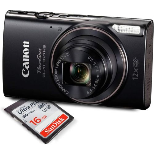 캐논 Canon PowerShot ELPH 360 HS (BLACK ) with 12x Optical Zoom and Built-In Wi-Fi with Deluxe Starter Kit Including 16 GB SDHC Class10 + Extra battery + Protective Camera Case