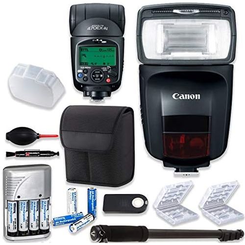 캐논 Canon Speedlite 470EX-AI Flash + Canon Speedlite Case + Monopod + 4 High Capacity AA Rechargeable Batteries & Charger + 2X Battery Case + Accessory Bundle