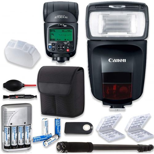 캐논 Canon Speedlite 470EX-AI Flash + Canon Speedlite Case + Monopod + 4 High Capacity AA Rechargeable Batteries & Charger + 2X Battery Case + Accessory Bundle