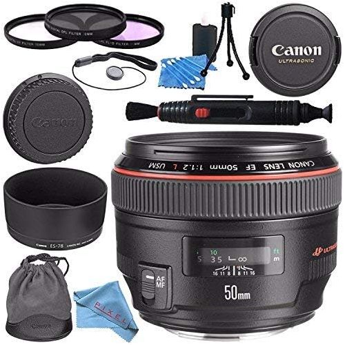 캐논 Canon EF 50mm f1.2L USM Lens 1257B002 + 77mm 3 Piece Filter Kit + Lens Cleaning Kit + Lens Pen Cleaner + Fibercloth Bundle