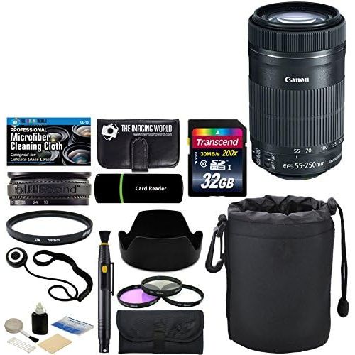 캐논 Canon EF-S 55-250mm F4-5.6 IS STM Telephoto Zoom Lens for EOS Digital SLR Cameras & Accessories: 32GB Card + Card Reader + Pouch + Lens Band + Hood + UV Filter Kit + More - Comple