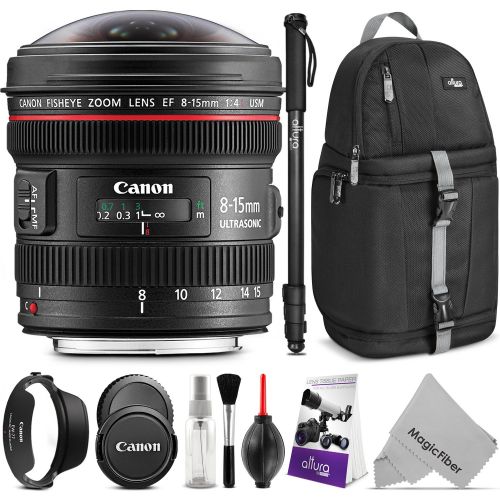 캐논 Canon EF 8-15mm f4L Fisheye USM Ultra-Wide Zoom Lens wAdvanced Photo and Travel Bundle - Includes: Altura Photo Sling Backpack, Monopod, Camera Cleaning Set