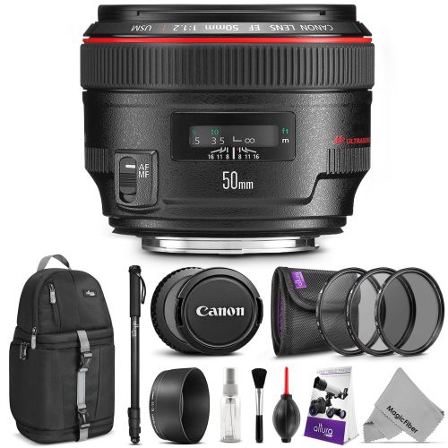 캐논 Canon EF 50mm f1.2L USM Lens wAdvanced Photo and Travel Bundle - Includes: Altura Photo Sling Backpack, Monopod, Camera Cleaning Set