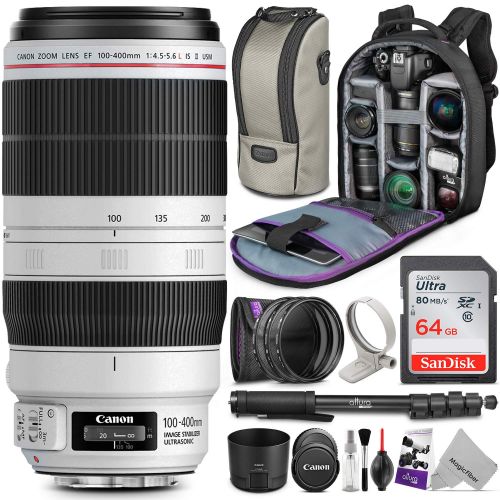 캐논 Canon EF 100-400mm f4.5-5.6L is II USM Lens wAdvanced Photo and Travel Bundle - Includes: Altura Photo Backpack, UV-CPL-ND4, Monopod and SanDisk 64gb SD Card