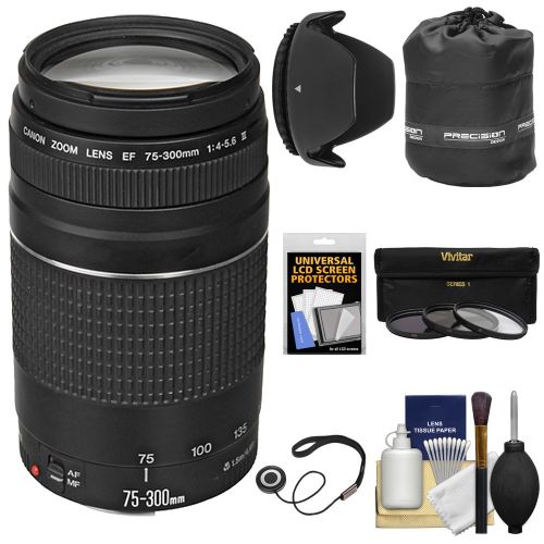 캐논 Canon EF 75-300mm f4-5.6 III Zoom Lens with 3 UVCPLND8 Filters + Pouch + Hood + Kit for EOS 5D Mark II III, 6D, 7D, 70D, Rebel T3, T3i, T5, T5i, SL1 Cameras