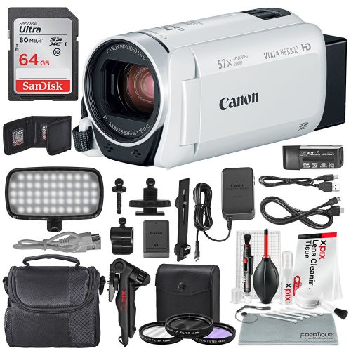 캐논 Canon Vixia HF R800 HD Camcorder (White) Deluxe Bundle WCamcorder Case, 64 GB SD Card, 3 Pc. Filter Kit, LED Light Kit, and Xpix Cleaning Accessories