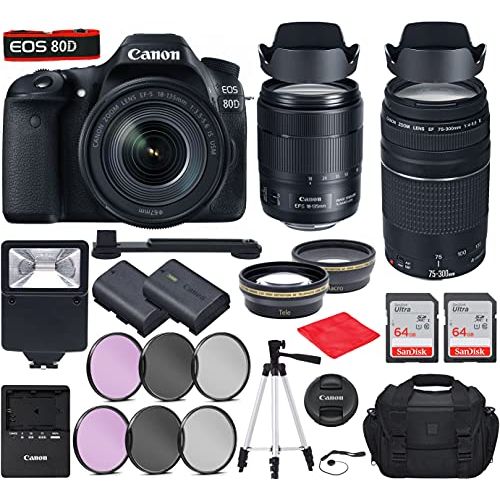  Canon Intl. Canon EOS 80D DSLR Camera with EF-S 18-135mm f/3.5-5.6 is USM, EF 75-300mm f/4-5.6 III Lenses Bundle, Travel Kit with Accessories (Gadget Bag, Extra Battery, Digital Slave Flash, 1