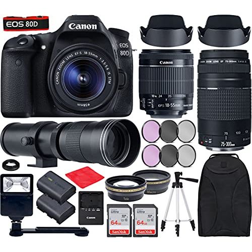 Canon Intl. Canon EOS 80D DSLR Camera with EF-S 18-55mm f/3.5-5.6 is STM, EF 75-300mm f/4-5.6 III, 420-800mm f/8 Lenses Bundle with Accessories (Extra Battery, Digital Flash, 128Gb Memory and