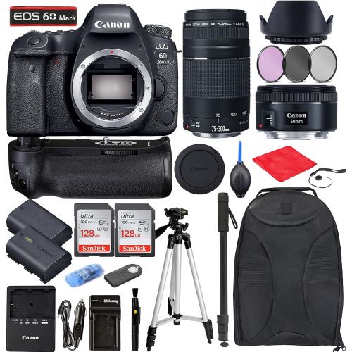 Canon Intl. Canon EOS 6D Mark II DSLR Camera + EF 50mm f/1.8 STM + EF 75-300mm f/4-5.6 III Bundle with Accessories (256Gb Memory Card, Battery Grip, Extra Battery, Backpack, Travel Charger and
