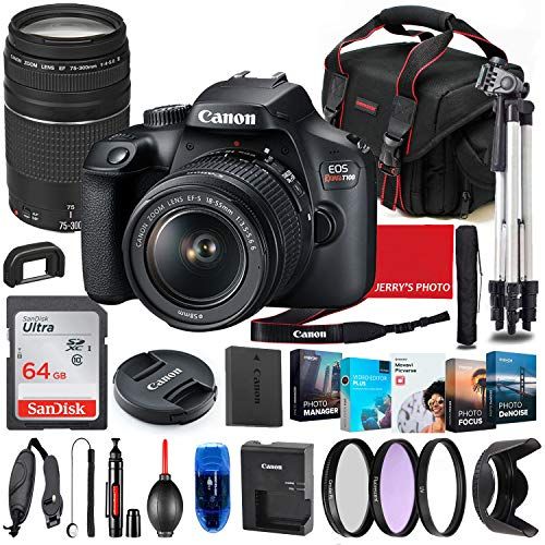  Canon Intl. Canon EOS Rebel T100 DSLR Camera with 18-55mm & 75-300mm Lens Bundle + Premium Accessory Bundle Including 64GB Memory, Filters, Photo/Video Software Package, Shoulder Bag & More