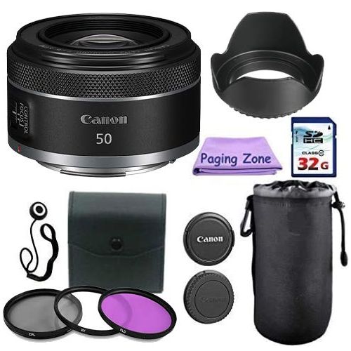  Canon Intl. Canon RF 50mm f/1.8 STM Lens Bundle + PagingZone Deluxe Kit Includes, 3Piece Filter Set + Lens Case + Lens Hood + 32GB Class 10 Card. for EOS C70,R, R5, R6, RP, Ra