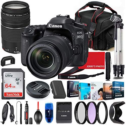  Canon Intl. Canon EOS 80D DSLR Camera with 18-135mm USM & 75-300mm III Lens Bundle + Premium Accessory Bundle Including 64GB Memory, Filters, Photo/Video Software Package, Shoulder Bag & More