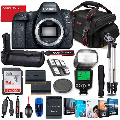  Canon Intl. Canon EOS 6D Mark II DSLR Camera Body Only Bundle + Battery Grip + Premium Accessory Bundle Including 64GB Memory, Extra Battery, Filters, Photo/Video Software Package, Shoulder Ba