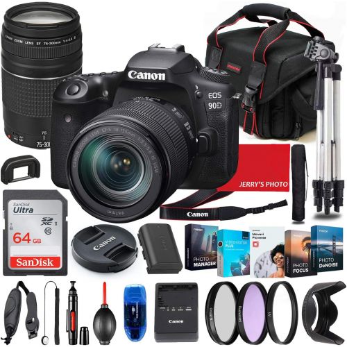  Canon Intl. Canon EOS 90D DSLR Camera with 18-135mm USM & 75-300mm III Lens Bundle + Premium Accessory Bundle Including 64GB Memory, Filters, Photo/Video Software Package, Shoulder Bag & More