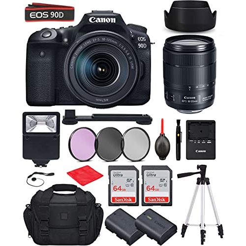  Canon Intl. Canon EOS 90D DSLR Camera with Canon EF-S 18-135mm f/3.5-5.6 is USM Lens Bundle, Starter Kit with Accessories (Gadget Bag, Extra Battery, Digital Slave Flash, 128Gb Memory, 50 Trip