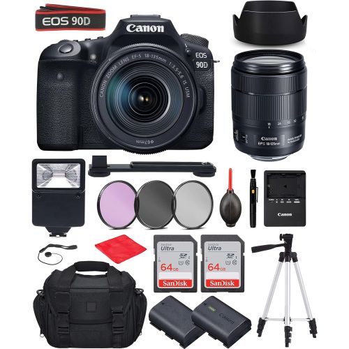  Canon Intl. Canon EOS 90D DSLR Camera with Canon EF-S 18-135mm f/3.5-5.6 is USM Lens Bundle, Starter Kit with Accessories (Gadget Bag, Extra Battery, Digital Slave Flash, 128Gb Memory, 50 Trip