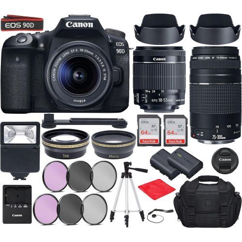  Canon Intl. Canon EOS 90D DSLR Camera with Canon EF-S 18-55mm f/3.5-5.6 is STM, EF 75-300mm f/4-5.6 III Lenses Bundle, Travel Kit with Accessories (Gadget Bag, Extra Battery, Digital Slave Fla