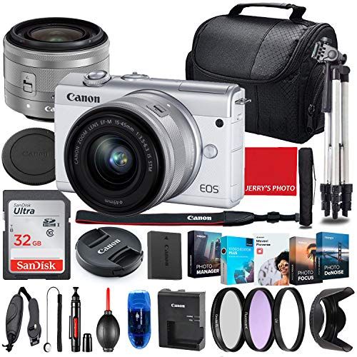  Canon Intl. Canon EOS M200 Mirrorless Camera with 15-45mm STM Lens (White) Bundle + Premium Accessory Bundle Including 32GB Memory, Filters, Photo/Video Software Package, Shoulder Bag & More