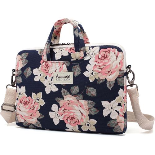  [아마존베스트]Canvaslife White Rose Patten Waterproof Laptop Shoulder Messenger Bag Case Sleeve for 14 Inch 15 Inch Laptop Case Laptop Briefcase 15.6 Inch