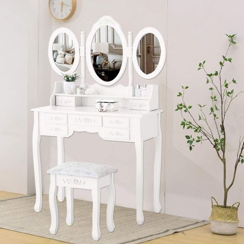  Canvoi Wood Vanity Makeup Dressing Table Set W/Stool & Mirror 7 Drawer&Folding Mirror