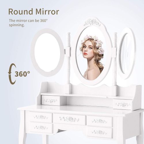  Canvoi Wood Vanity Makeup Dressing Table Set W/Stool & Mirror 7 Drawer&Folding Mirror