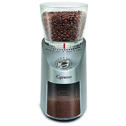  Capresso 575.05 Infinity Conical Burr Grinder, Stainless Steel Bundle with Capresso East Coast Blend Coffee Beans and Coffee Grinder Dusting Brush (3 Items)
