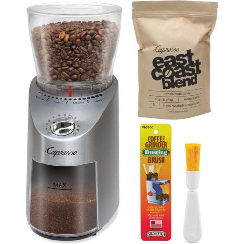  Capresso 575.05 Infinity Conical Burr Grinder, Stainless Steel Bundle with Capresso East Coast Blend Coffee Beans and Coffee Grinder Dusting Brush (3 Items)