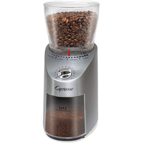  Capresso 575.05 Infinity Conical Burr Grinder, Stainless Steel Bundle with Capresso East Coast Blend Coffee Beans and Coffee Grinder Dusting Brush (3 Items)
